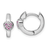 Sterling Silver Rhodium-plated Polished Pink CZ Heart 2mm x 11mm Hinged Hoop Earrings